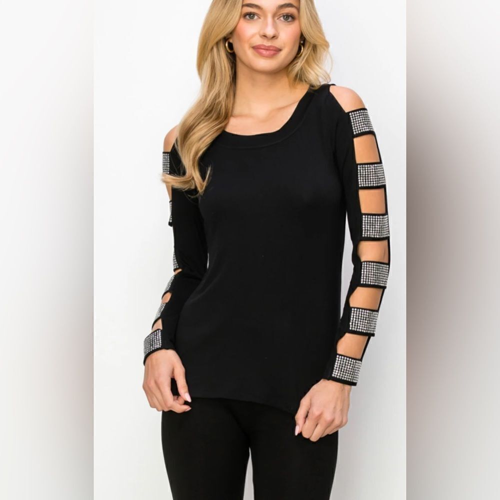 Vocal Ladder Cut Rhinestone LS Top